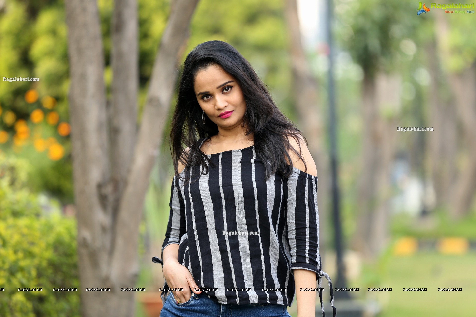 Usha Kurapati in Grey And Black Stripes Cold Shoulders Top, HD Photo Gallery