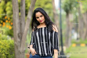 Usha Kurapati in Grey And Black Stripes Cold Shoulders Top