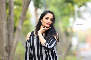 Usha Kurapati in Grey And Black Stripes Cold Shoulders Top