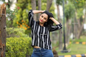 Usha Kurapati in Grey And Black Stripes Cold Shoulders Top