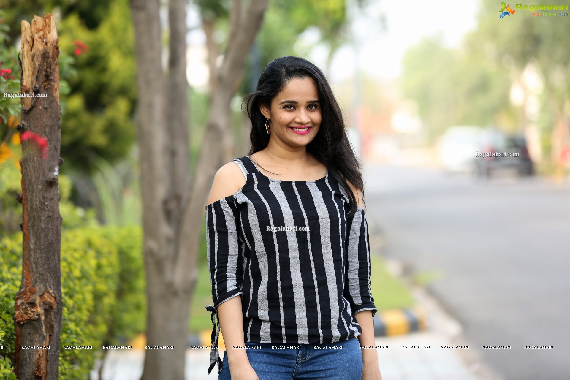 Usha Kurapati in Grey And Black Stripes Cold Shoulders Top, HD Photo Gallery