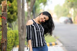 Usha Kurapati in Grey And Black Stripes Cold Shoulders Top