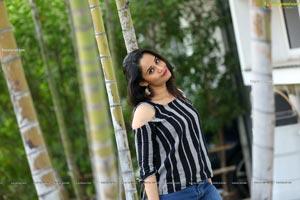 Usha Kurapati in Grey And Black Stripes Cold Shoulders Top