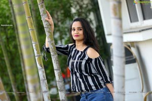 Usha Kurapati in Grey And Black Stripes Cold Shoulders Top