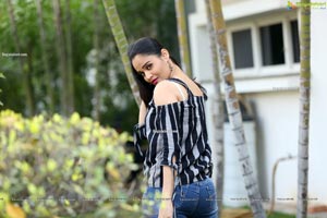 Usha Kurapati in Grey And Black Stripes Cold Shoulders Top