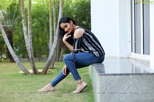 Usha Kurapati in Grey And Black Stripes Cold Shoulders Top