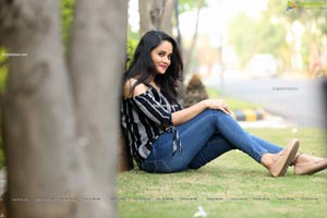 Usha Kurapati in Grey And Black Stripes Cold Shoulders Top