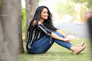 Usha Kurapati in Grey And Black Stripes Cold Shoulders Top