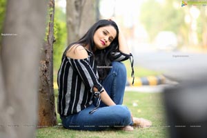 Usha Kurapati in Grey And Black Stripes Cold Shoulders Top