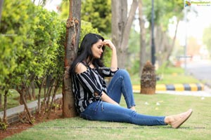 Usha Kurapati in Grey And Black Stripes Cold Shoulders Top