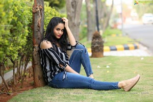 Usha Kurapati in Grey And Black Stripes Cold Shoulders Top