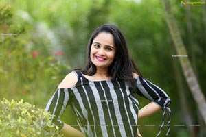 Usha Kurapati in Grey And Black Stripes Cold Shoulders Top