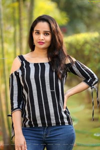Usha Kurapati in Grey And Black Stripes Cold Shoulders Top
