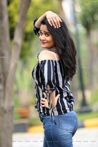 Usha Kurapati in Grey And Black Stripes Cold Shoulders Top