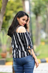 Usha Kurapati in Grey And Black Stripes Cold Shoulders Top