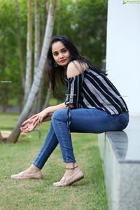 Usha Kurapati in Grey And Black Stripes Cold Shoulders Top