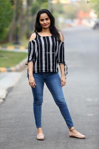 Usha Kurapati in Grey And Black Stripes Cold Shoulders Top