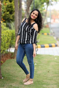 Usha Kurapati in Grey And Black Stripes Cold Shoulders Top