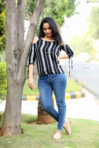 Usha Kurapati in Grey And Black Stripes Cold Shoulders Top