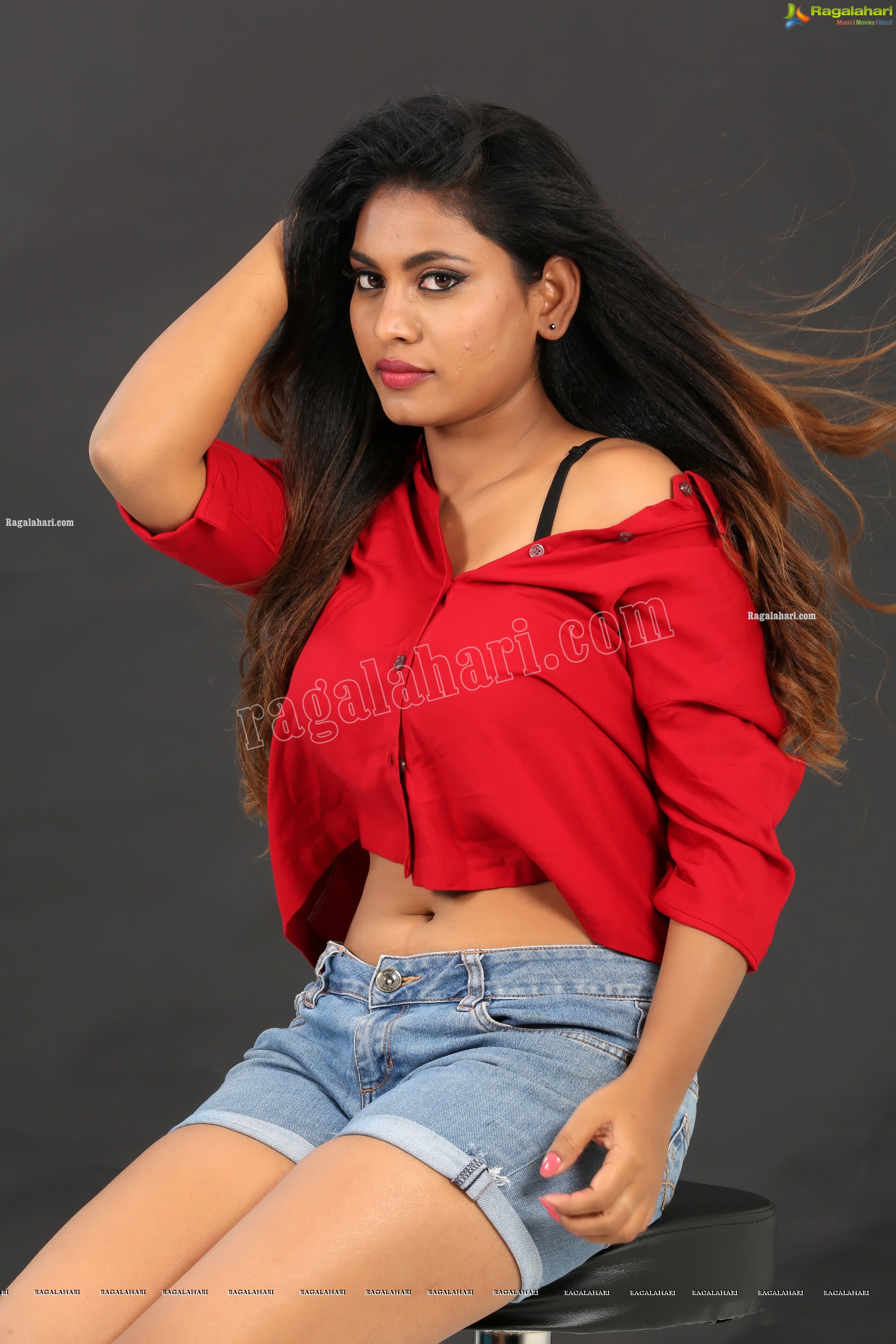 Priyanka Augustin in Red Button Down Crop Top and Denim Shorts, Exclusive Photo Shoot