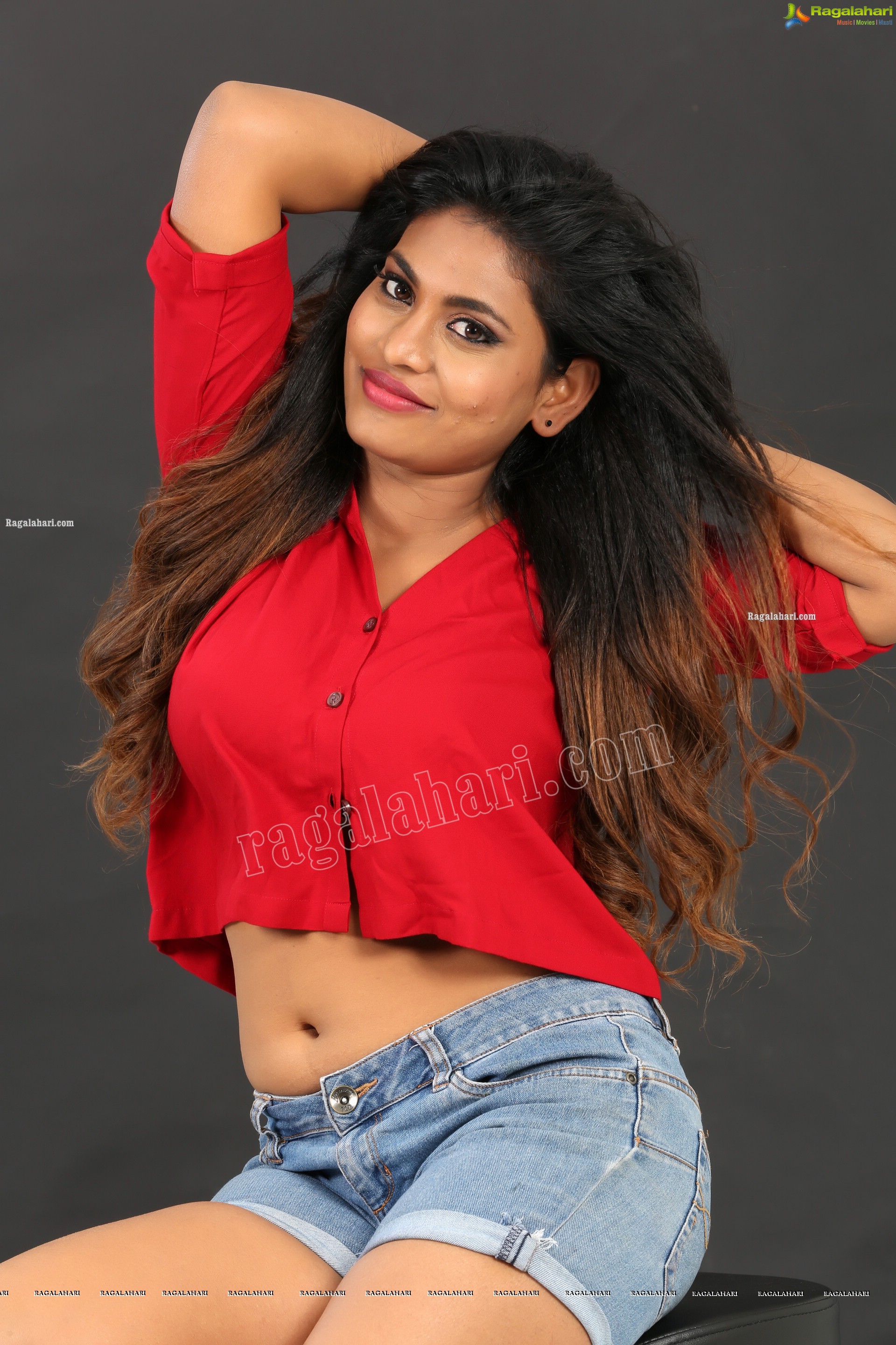 Priyanka Augustin in Red Button Down Crop Top and Denim Shorts, Exclusive Photo Shoot
