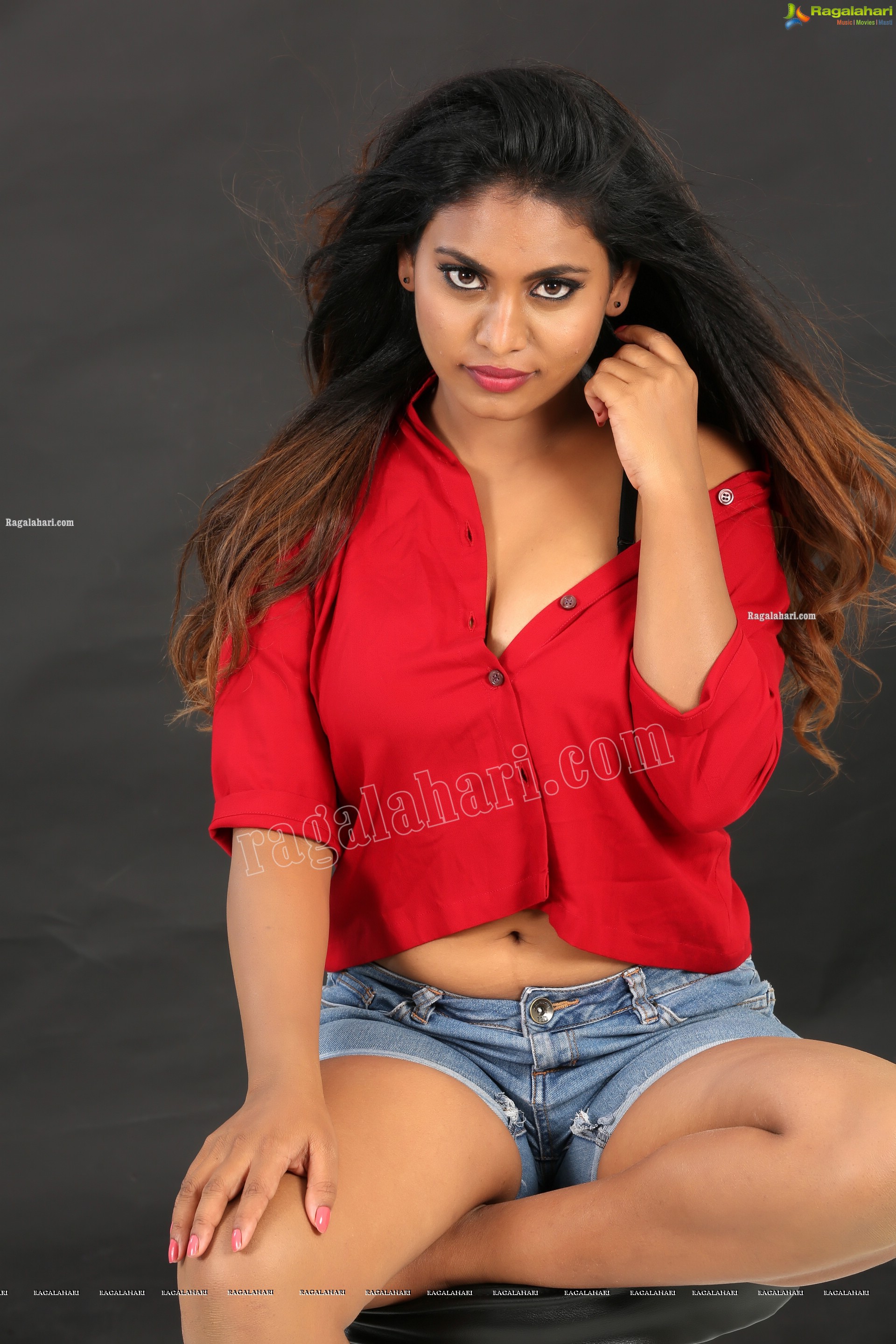 Priyanka Augustin in Red Button Down Crop Top and Denim Shorts, Exclusive Photo Shoot