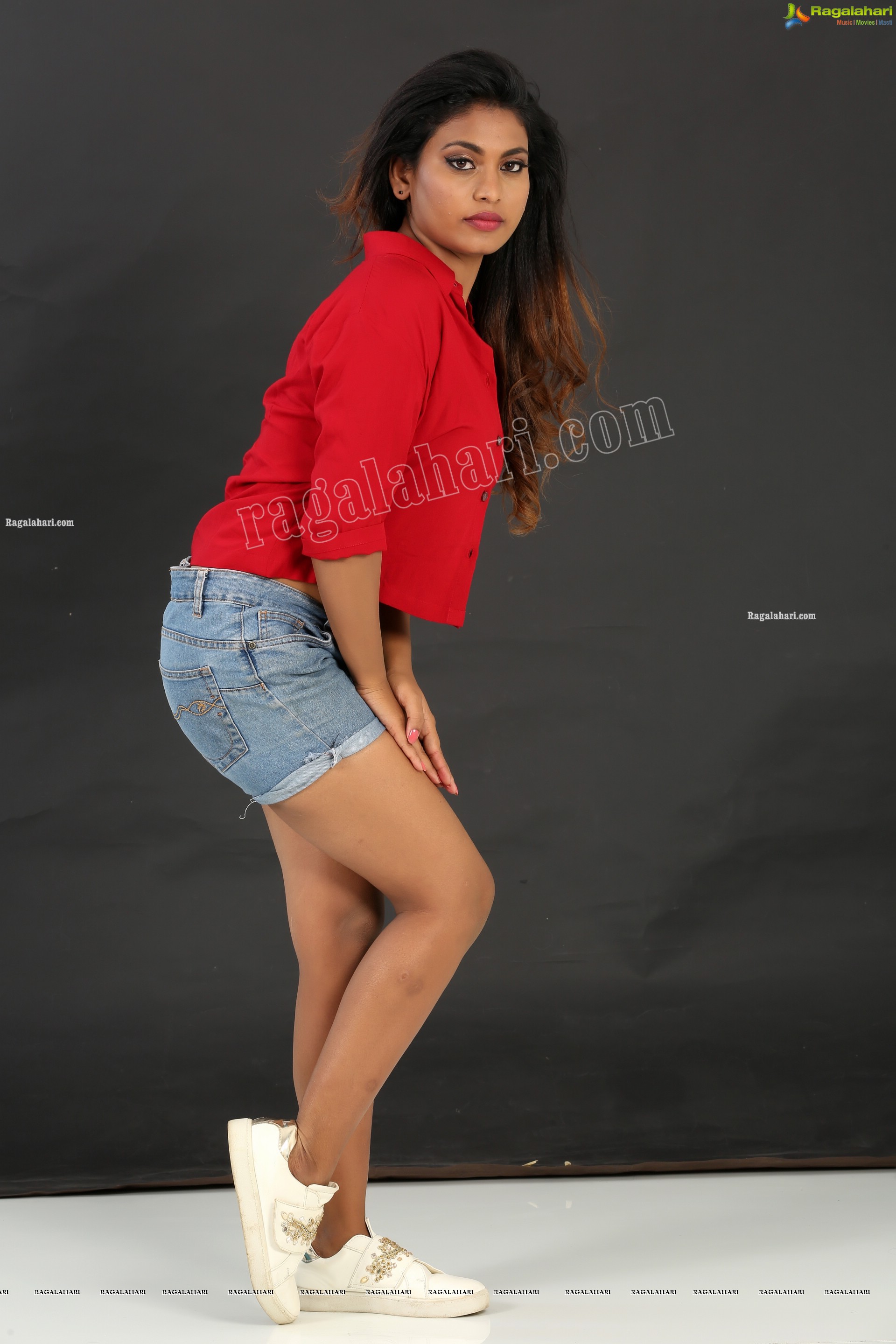 Priyanka Augustin in Red Button Down Crop Top and Denim Shorts, Exclusive Photo Shoot