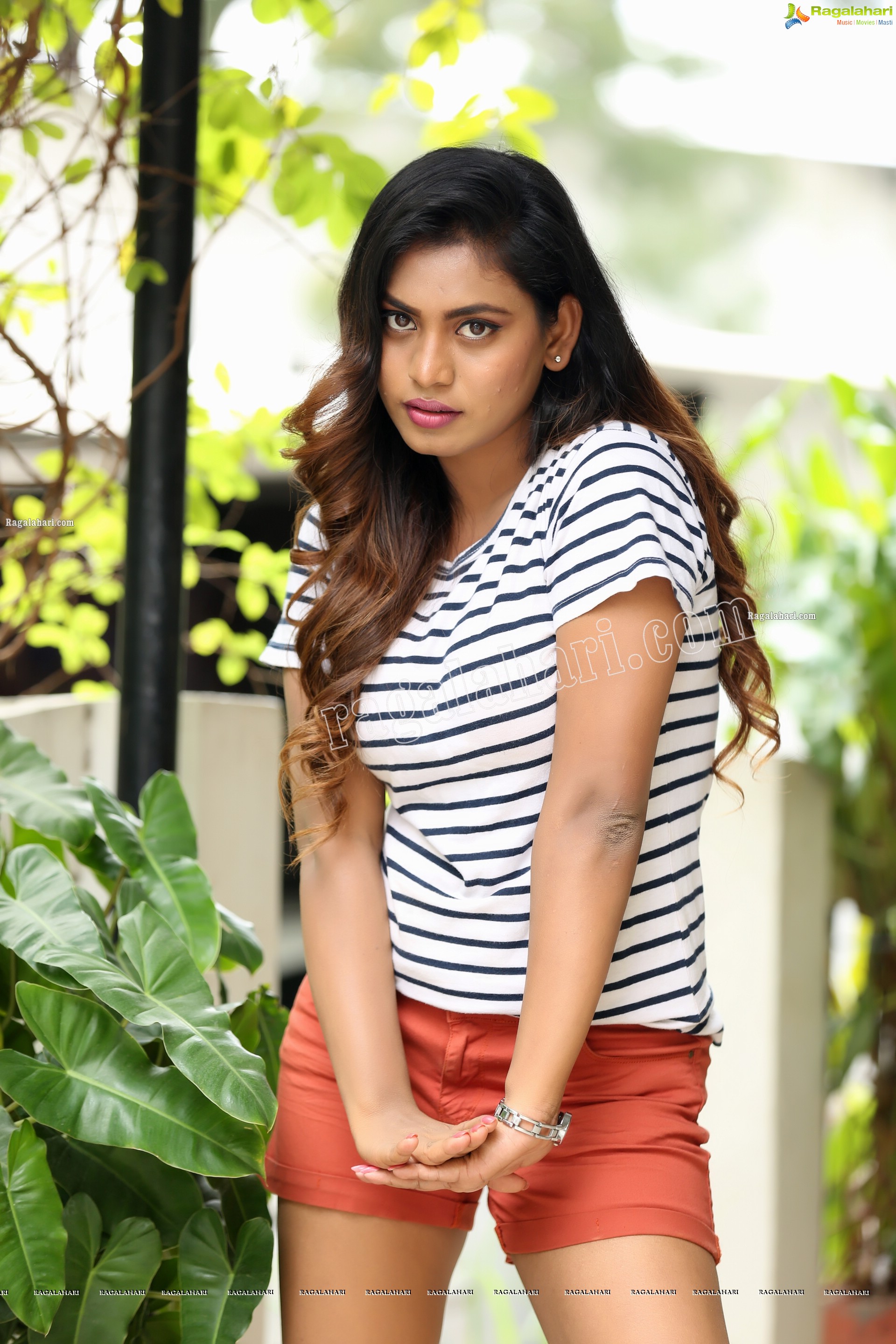 Priyanka Augustin in White Striped Top and Shorts, Exclusive Photo Shoot