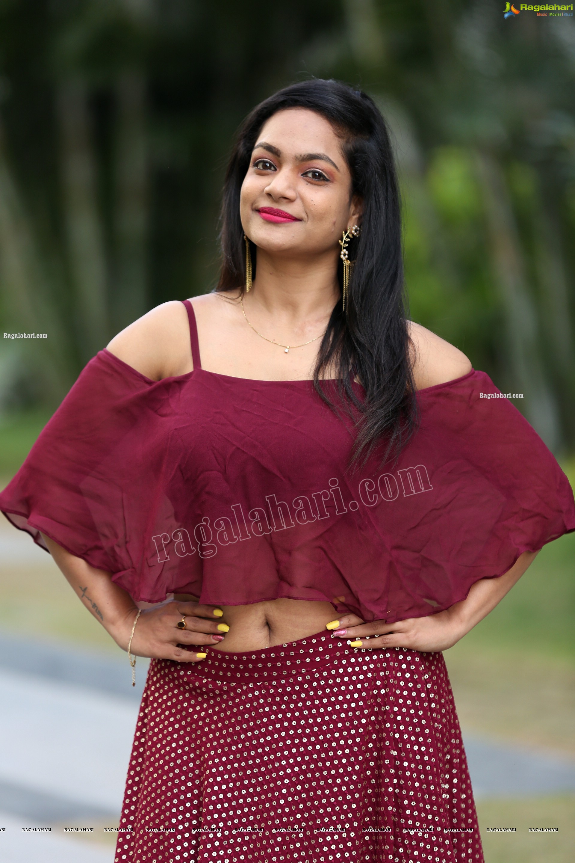 Sailaja in Burgundy Spaghetti Strap Cami Top and Skirt, Exclusive Photo Shoot