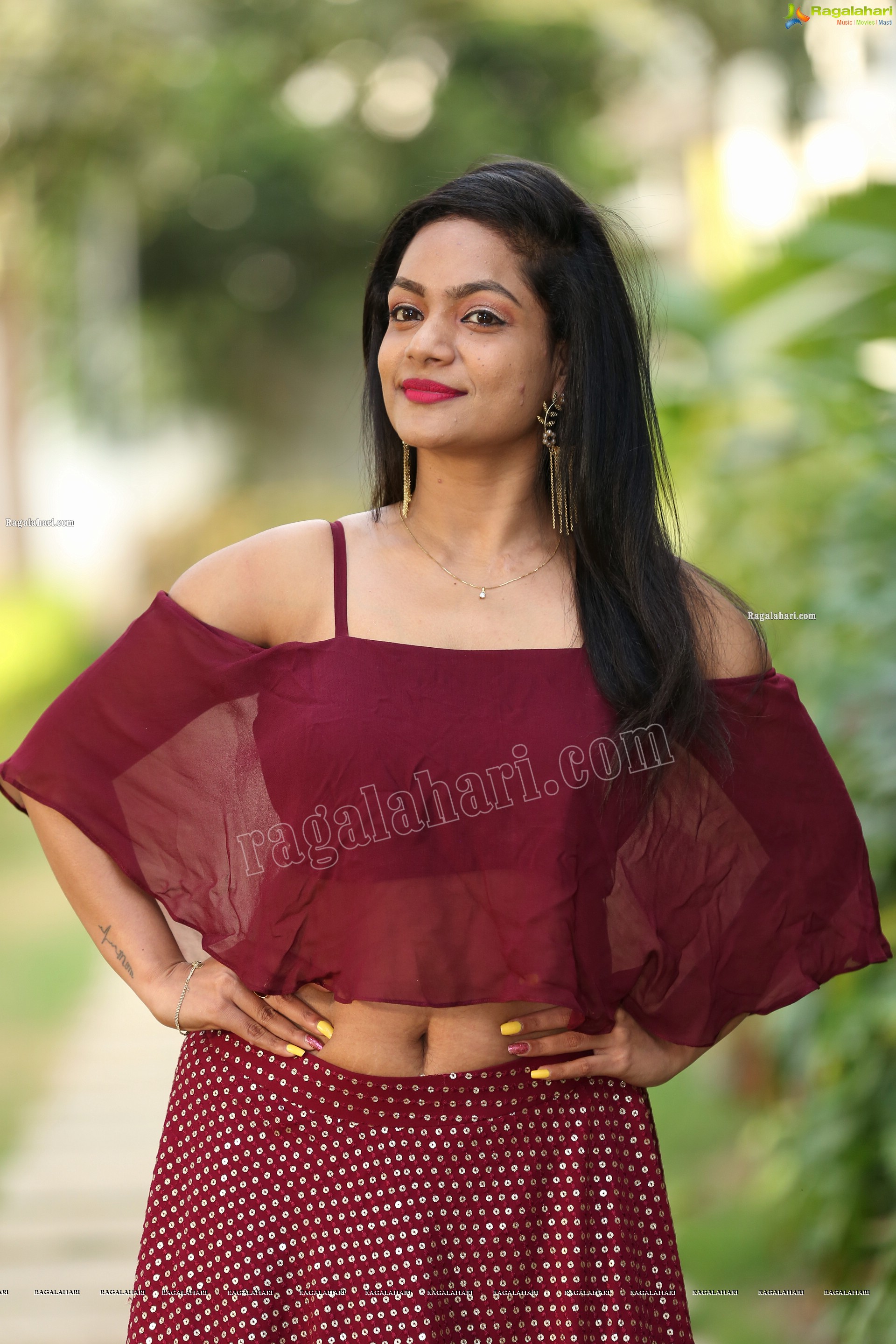 Sailaja in Burgundy Spaghetti Strap Cami Top and Skirt, Exclusive Photo Shoot