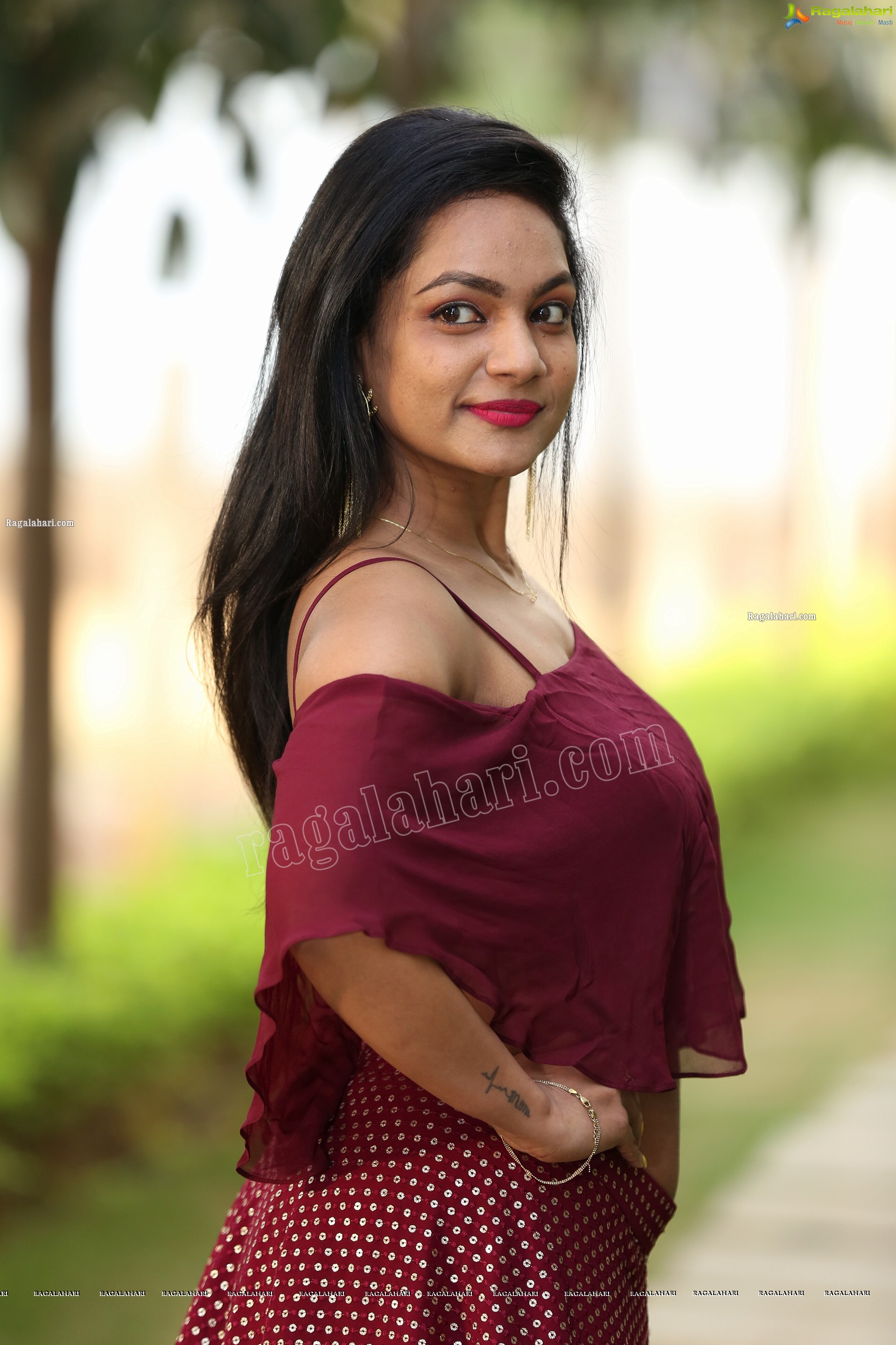 Sailaja in Burgundy Spaghetti Strap Cami Top and Skirt, Exclusive Photo Shoot