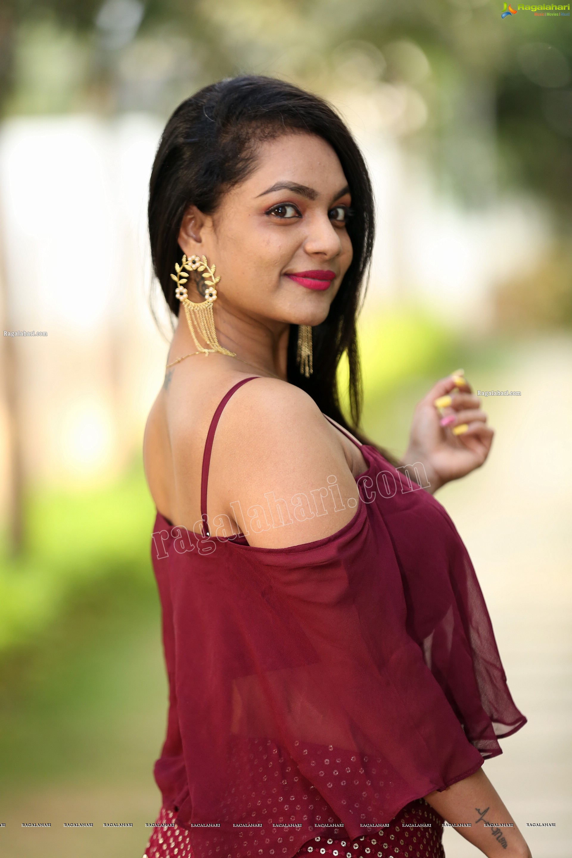 Sailaja in Burgundy Spaghetti Strap Cami Top and Skirt, Exclusive Photo Shoot