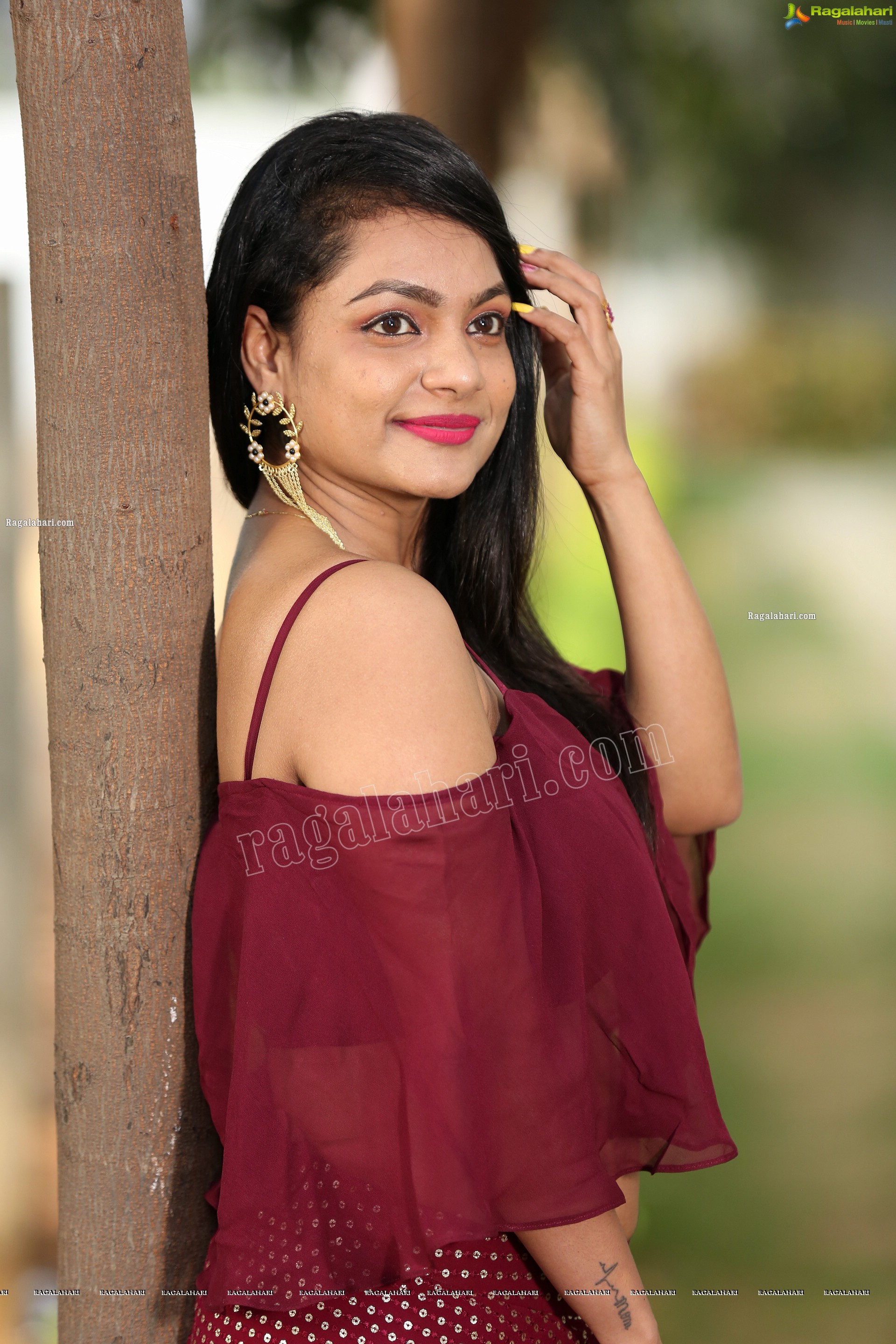 Sailaja in Burgundy Spaghetti Strap Cami Top and Skirt, Exclusive Photo Shoot