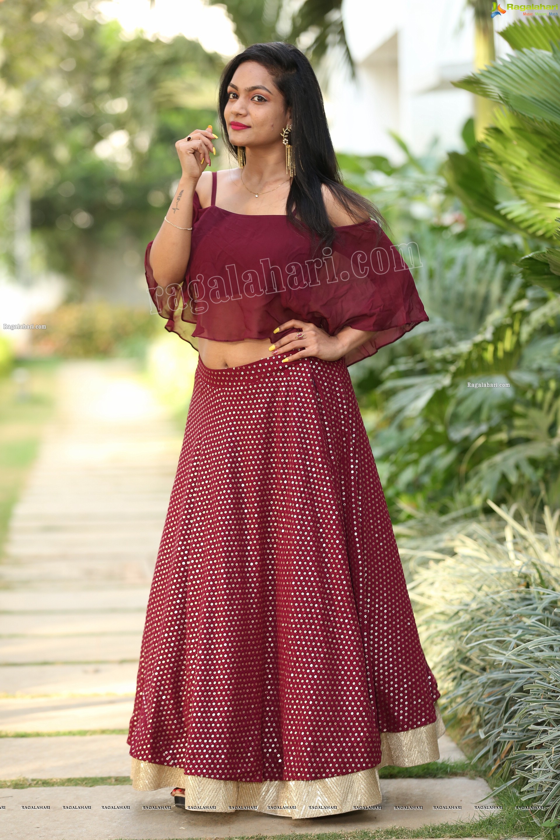 Sailaja in Burgundy Spaghetti Strap Cami Top and Skirt, Exclusive Photo Shoot