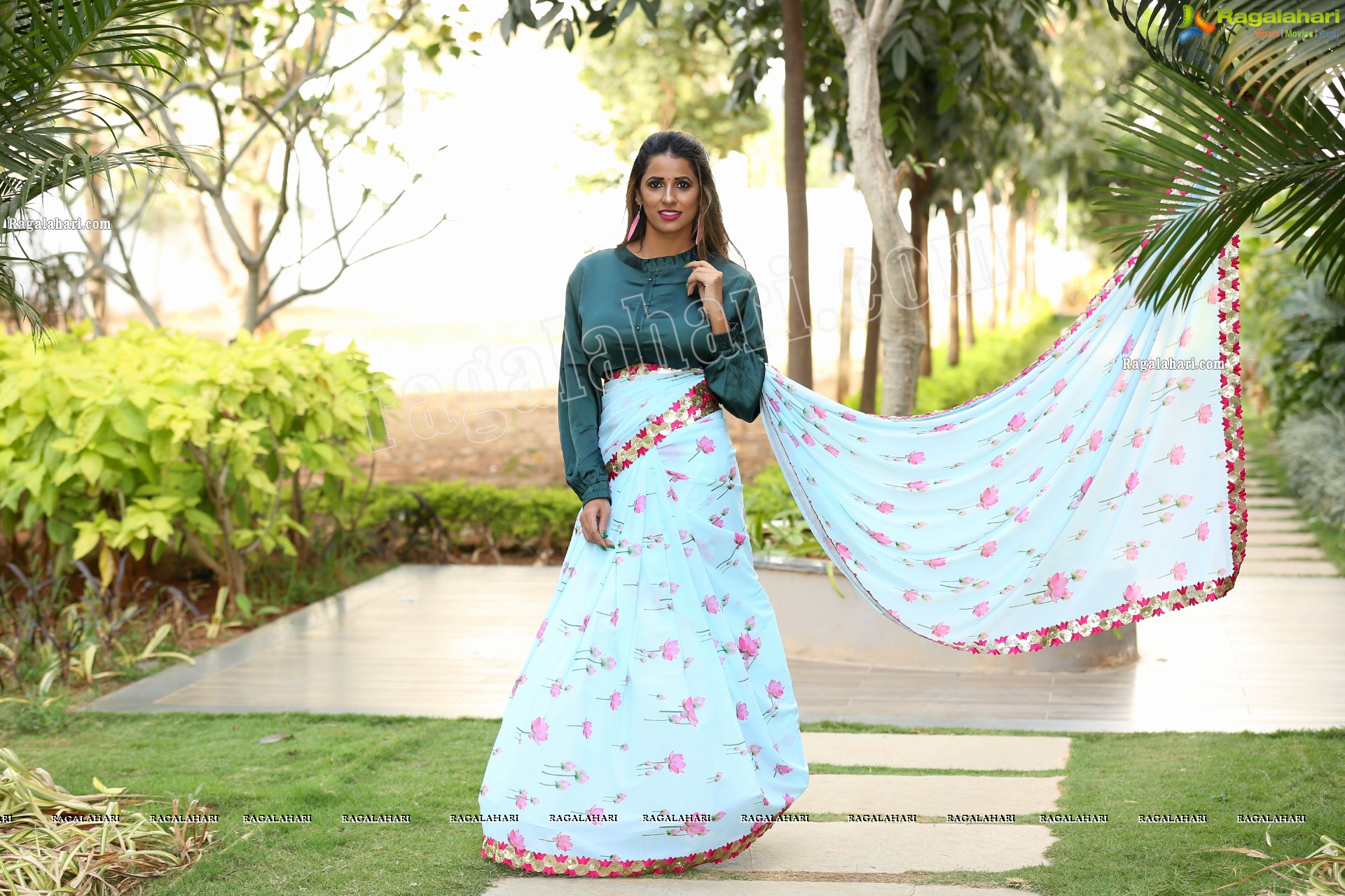 Shraavya Reddy in Mint Green Saree With Teal Blue Blouse, Exclusive Photo Shoot