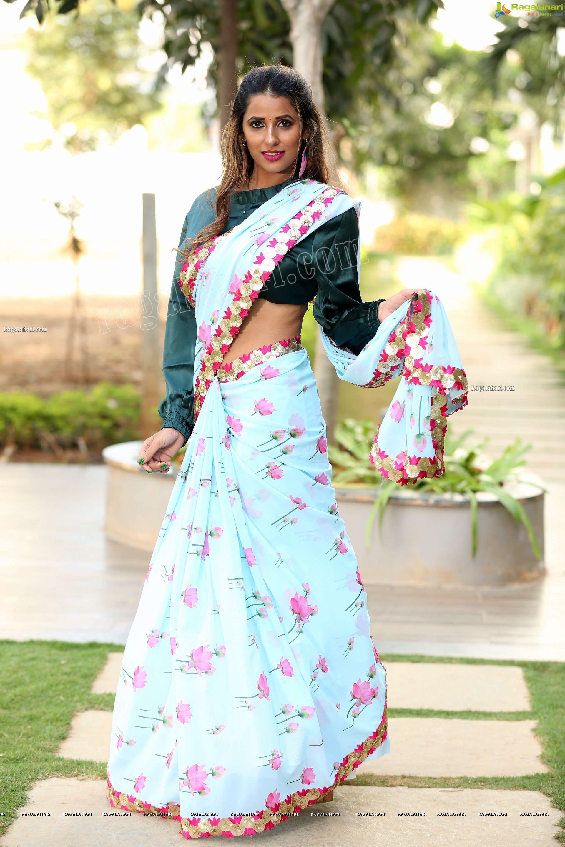 Shraavya Reddy in Mint Green Saree With Teal Blue Blouse, Exclusive Photo Shoot