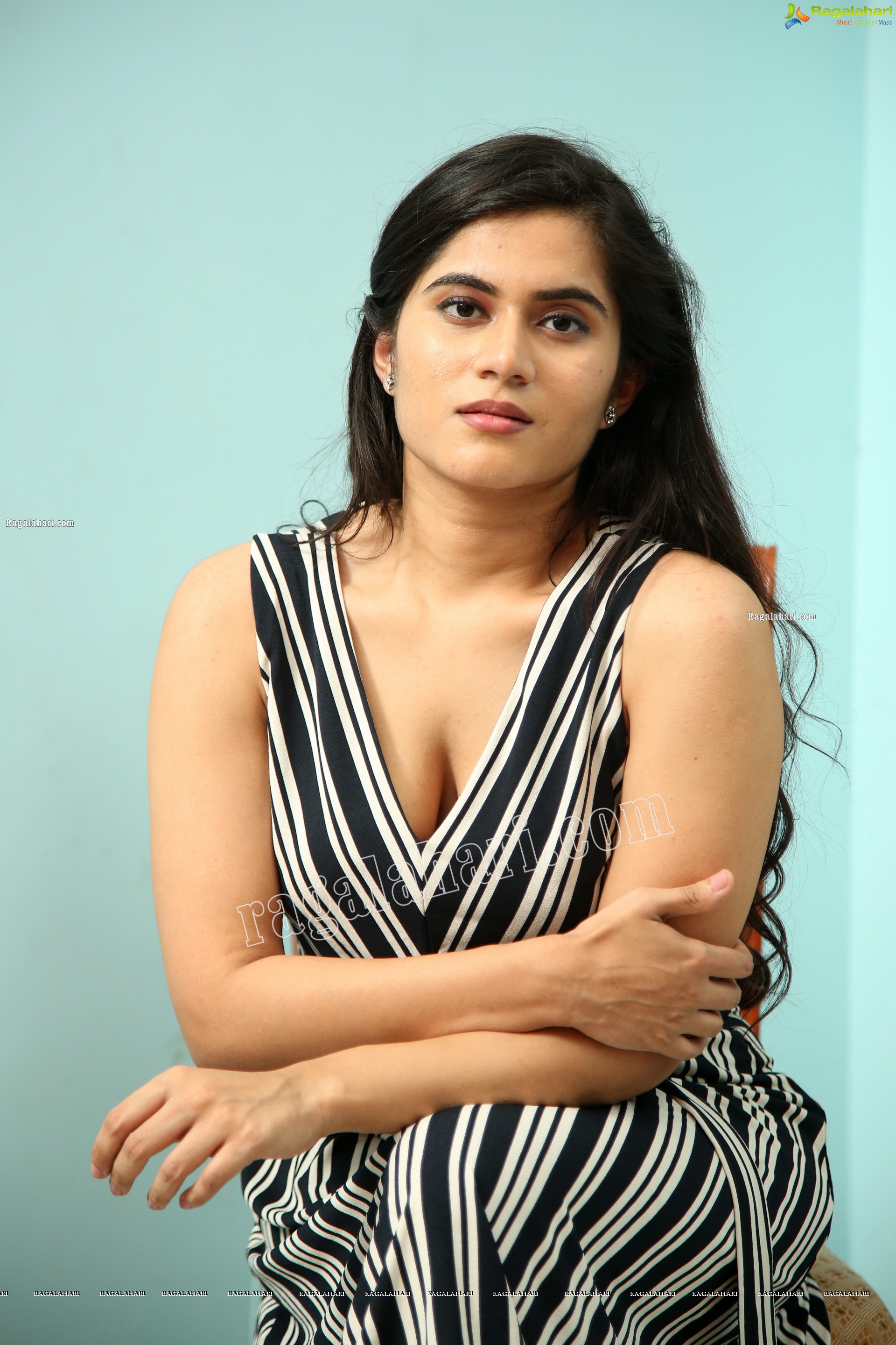 Tara Chowdary in Black and White Striped Dress, Exclusive Photo Shoot