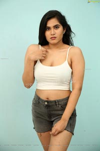 Tara Chowdary in White Crop Top and Shorts Exclusive