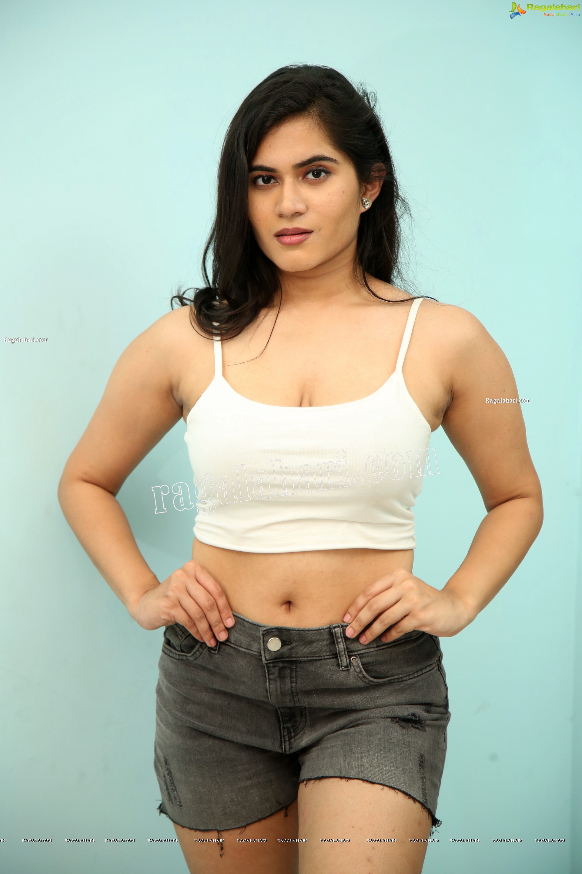 Tara Chowdary in White Spaghetti Strap Crop Top and Shorts, Exclusive Photo Shoot