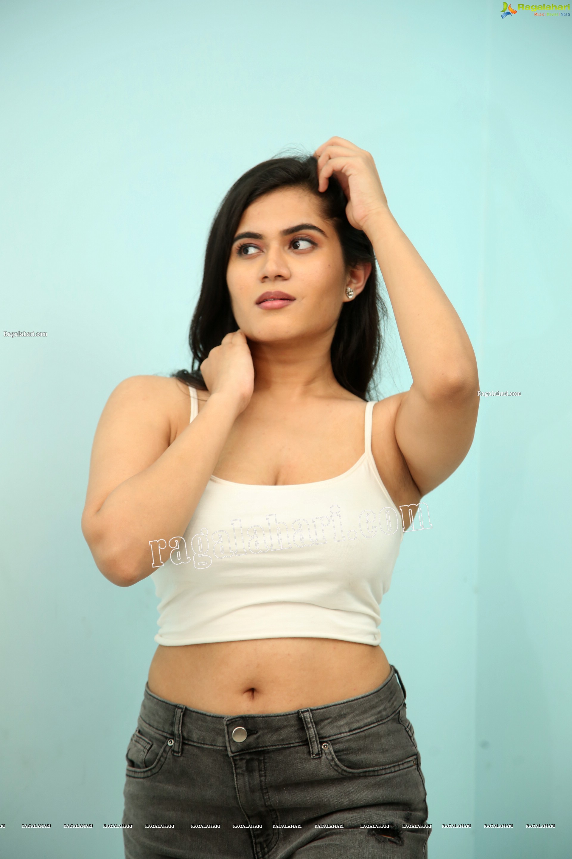 Tara Chowdary in White Spaghetti Strap Crop Top and Shorts, Exclusive Photo Shoot