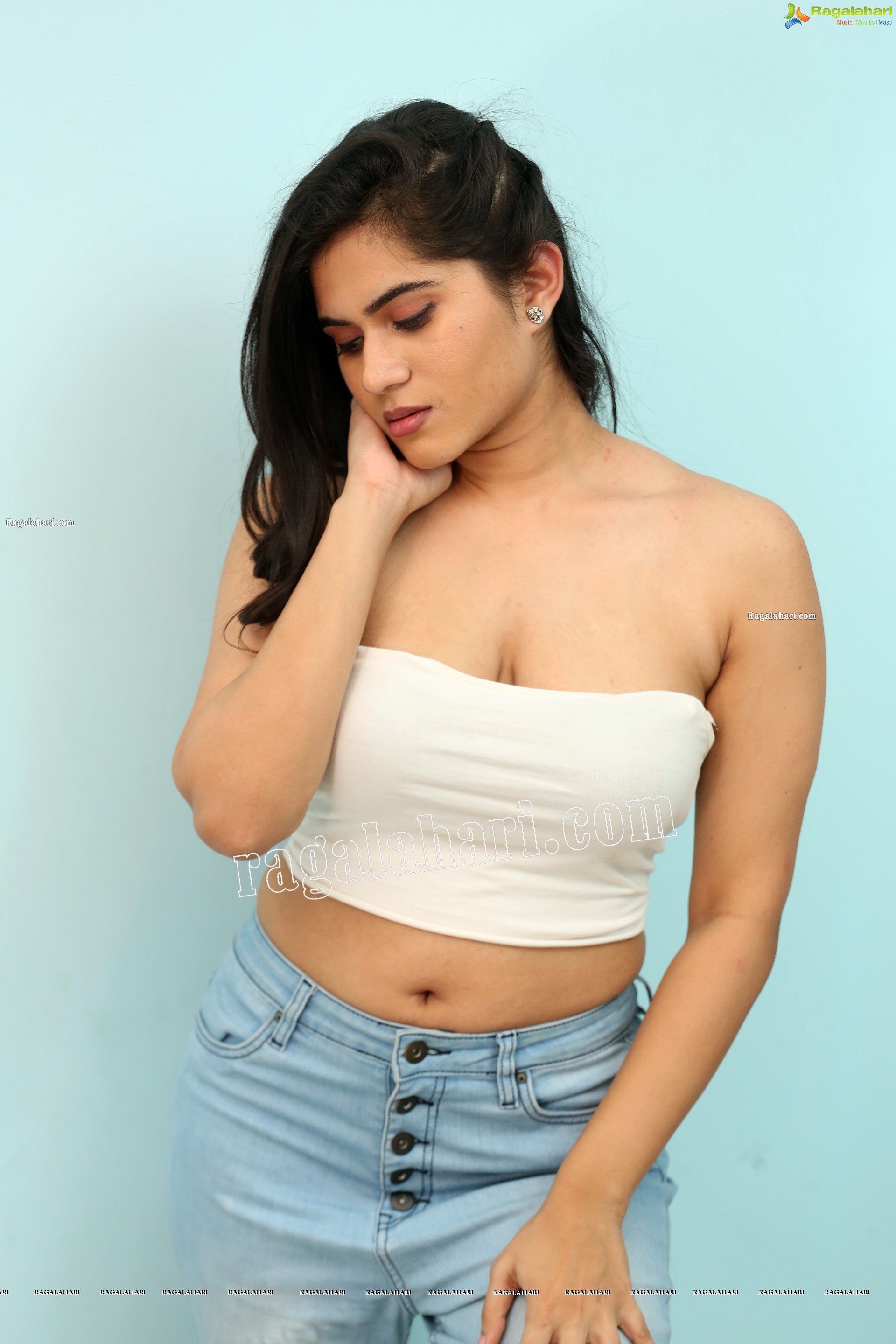 Tara Chowdary in White Spaghetti Strap Crop Top and Jeans, Exclusive Photo Shoot