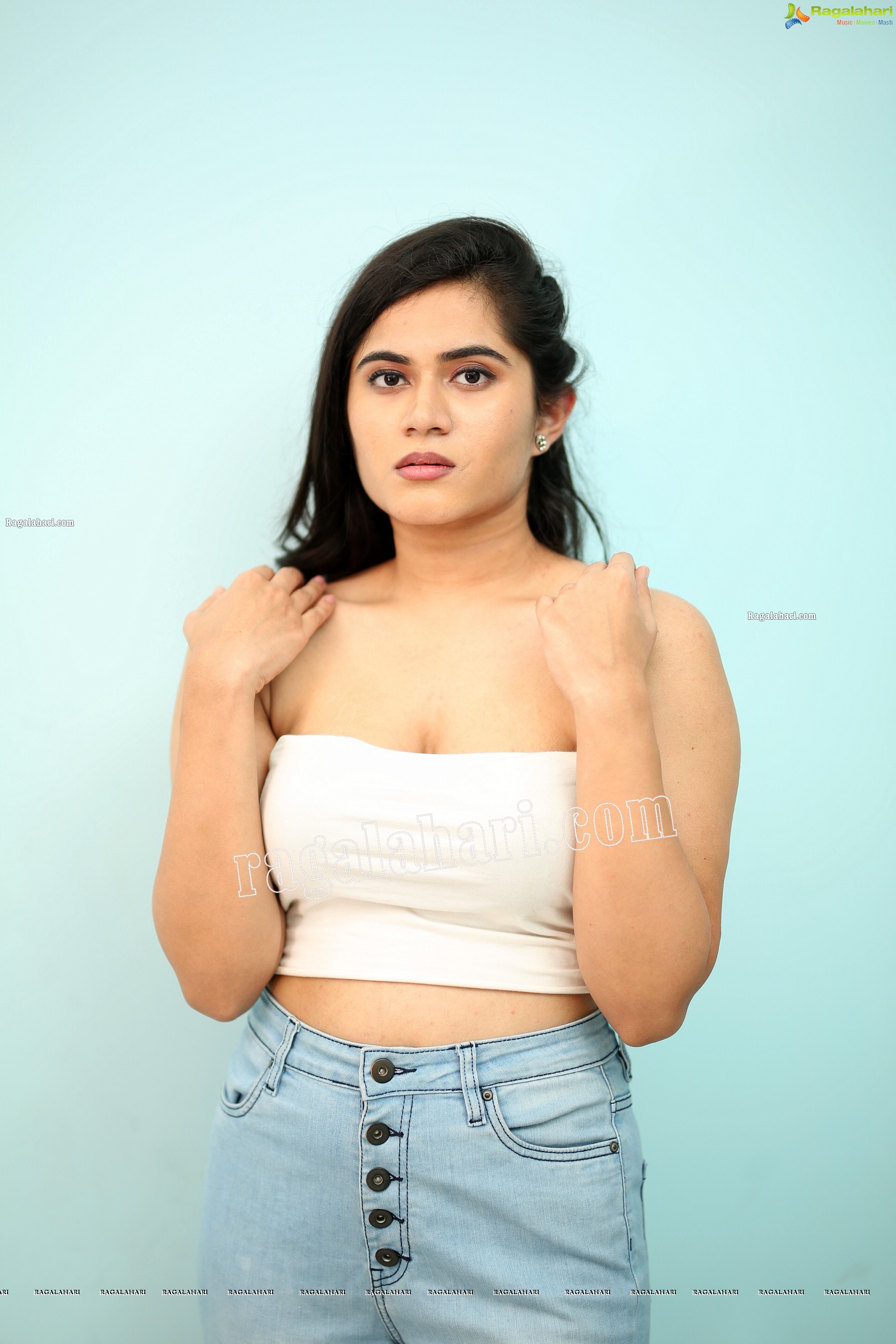 Tara Chowdary in White Spaghetti Strap Crop Top and Jeans, Exclusive Photo Shoot