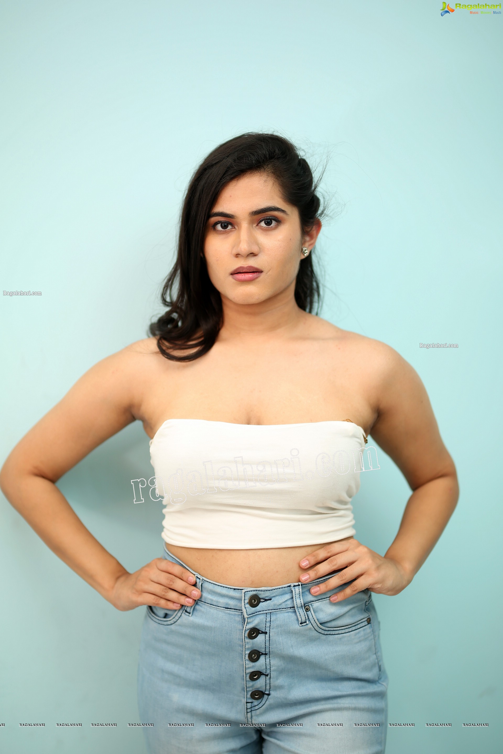 Tara Chowdary in White Spaghetti Strap Crop Top and Jeans, Exclusive Photo Shoot