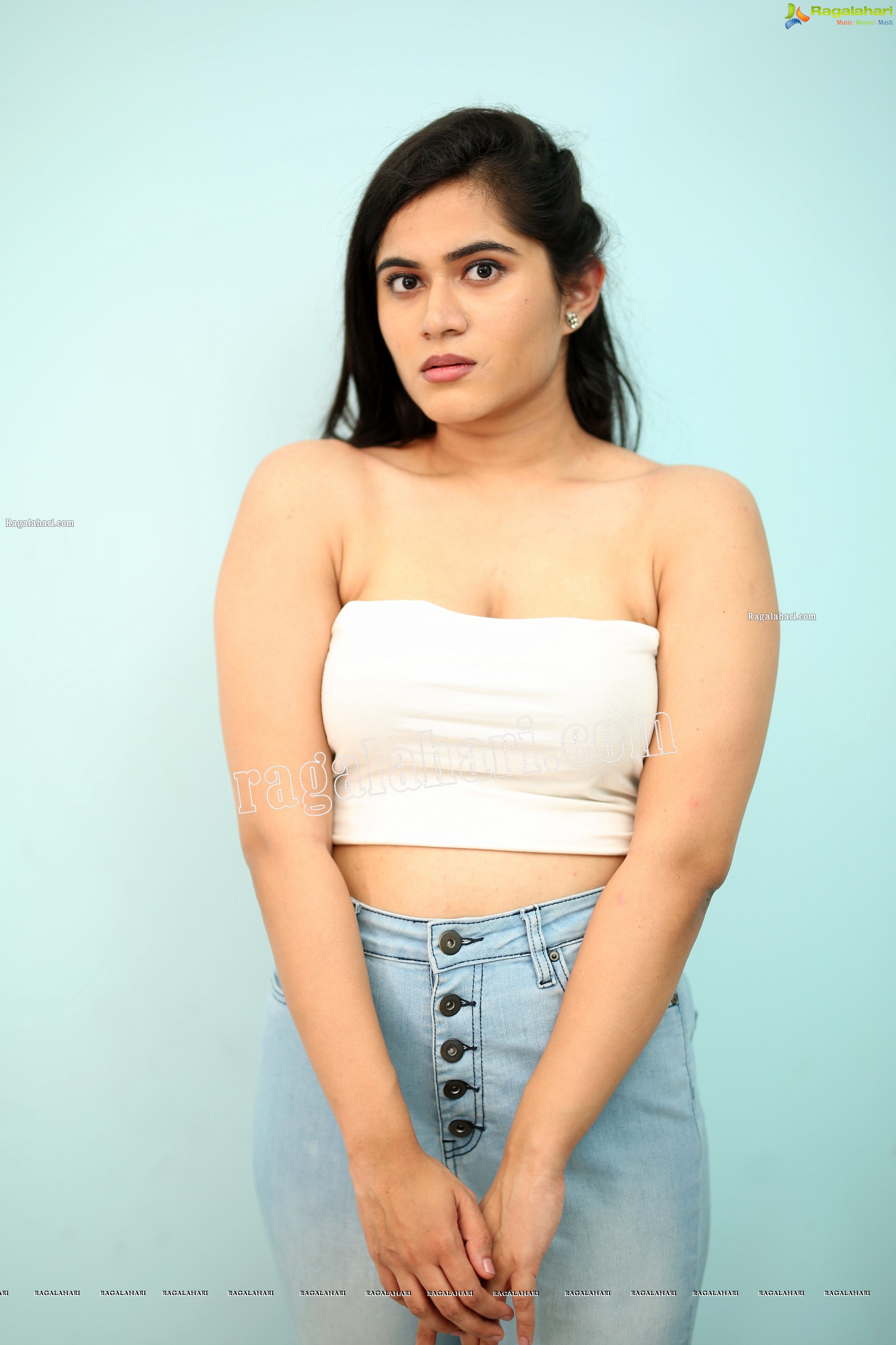Tara Chowdary in White Spaghetti Strap Crop Top and Jeans, Exclusive Photo Shoot