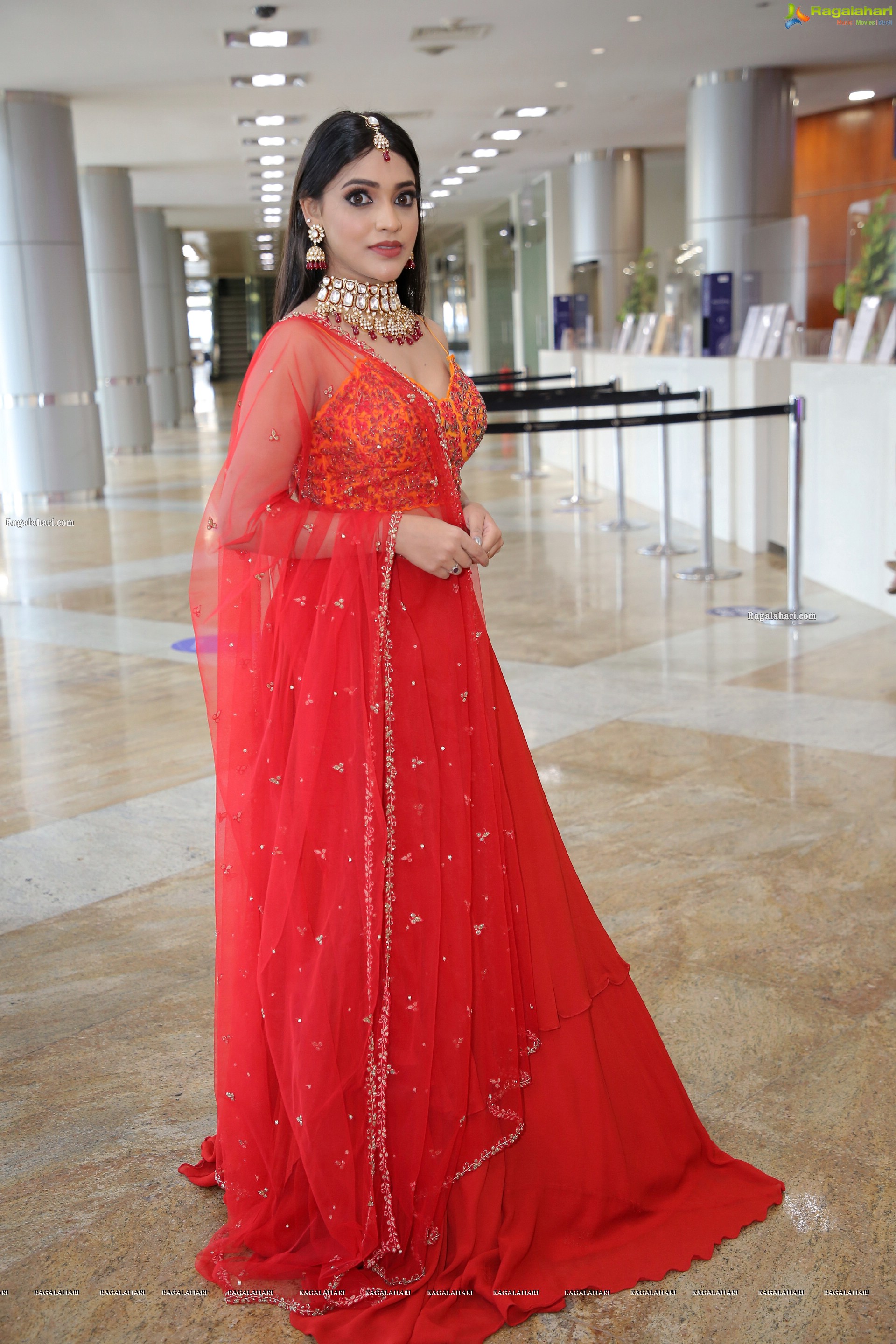 Ishwarya Vullingala in Red Designer Lehenga Choli, HD Photo Gallery