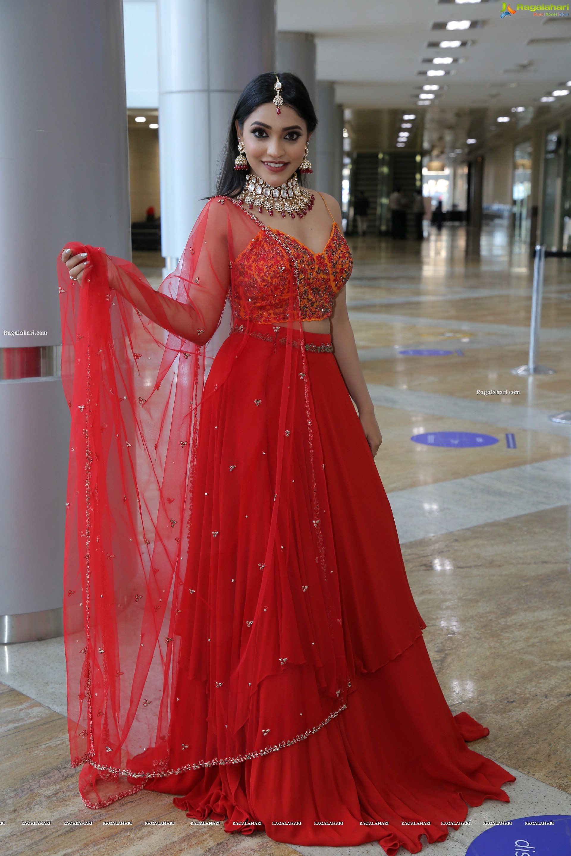 Ishwarya Vullingala in Red Designer Lehenga Choli, HD Photo Gallery