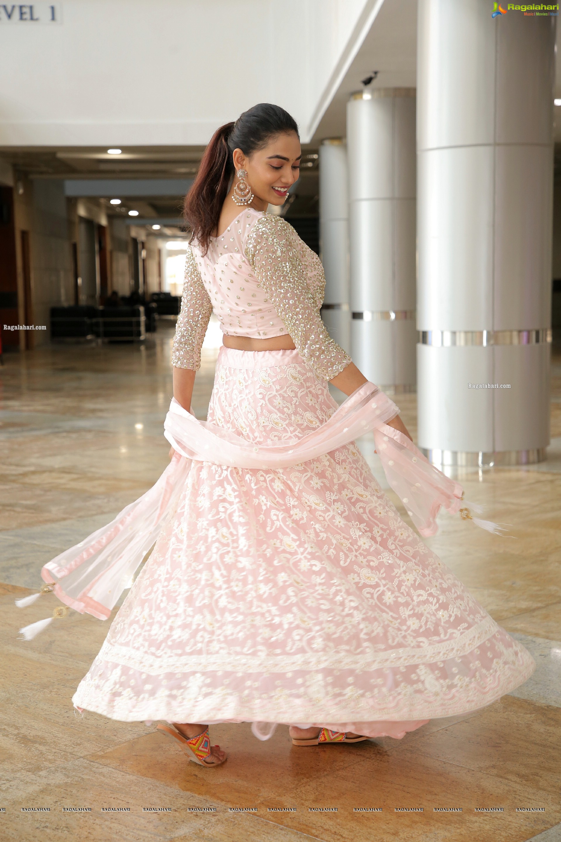 Spandana Palli in Light Pink Lehenga Choli, HD Photo Gallery