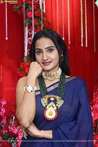Hima Varma Glam stills in Elegant Royal Blue Saree