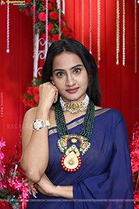Hima Varma Glam stills in Elegant Royal Blue Saree