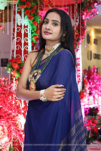 Hima Varma Glam stills in Elegant Royal Blue Saree